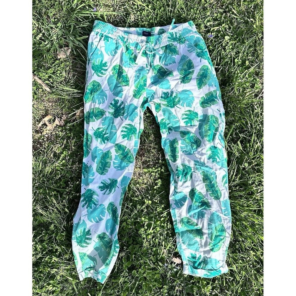 J Crew Jogger Pants Women Green White Linen Forrestal Leaf Art Sz 8 (medium)